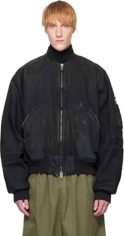 Balenciaga Distressed Padded Denim Bomber Jacket In Black