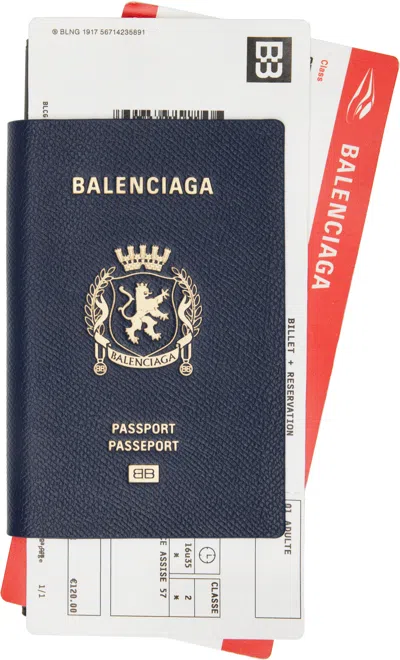Balenciaga Navy Passport Long 2 Tickets Wallet In Blue