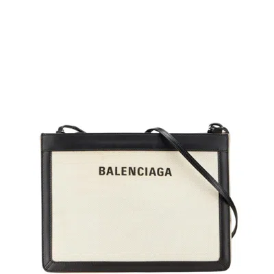 Pre-owned Balenciaga Navy Pochette Beige Black Canvas Leather Pochette Shoulder Bag () In Multi