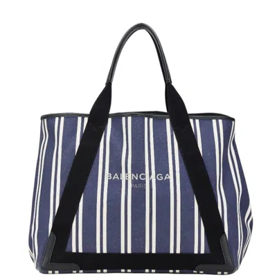Pre-owned Balenciaga Navy White Canvas Leather Handbag Tote Bag ()