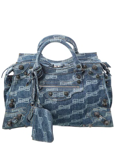 Balenciaga Neo Cagole City Denim Satchel In Blue