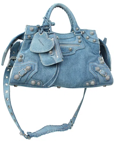 Balenciaga Neo Cagole Denim Bag With Rhinestones In Blue