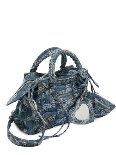 Pre-owned Balenciaga Neo Cagole Xs Denim Stud Handbag In Blue