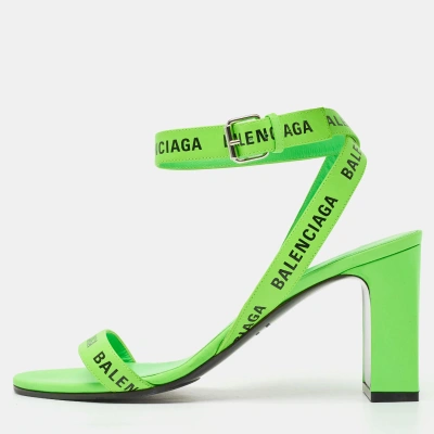 Pre-owned Balenciaga Neon Green Leather Allover Logo Ankle Strap Sandals Size 40