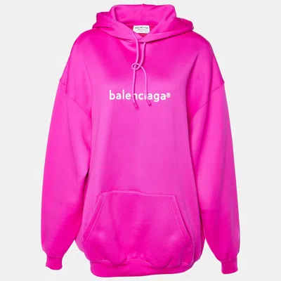 Pre-owned Balenciaga Neon Pink Logo Print Jersey Oversized Hoodie Xs