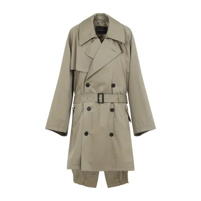 Balenciaga Neutral Double-breasted Trench Coat With Belted Waist In Green