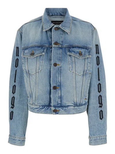 BALENCIAGA BALENCIAGA 'NO LOGO' LIGHT BLUE JACKET WITH ARTWORK EMBELLISHMENT IN DENIM WOMAN