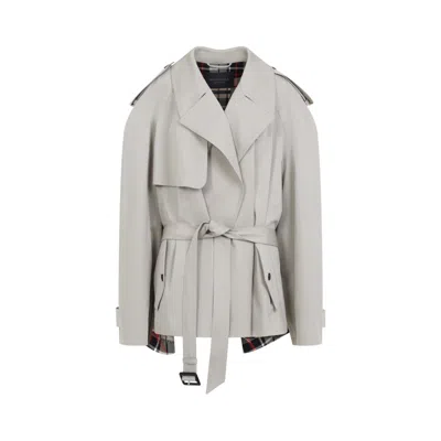 BALENCIAGA BALENCIAGA NUDE COTTON TRENCH COAT WITH BELTED WAIST AND PLAID LINING