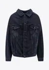 Balenciaga Denim Off Shoulder Jacket With Logoed Buttons In Black