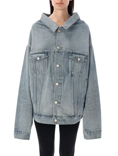 Balenciaga Off Shoulder Denim Jacket In Blue