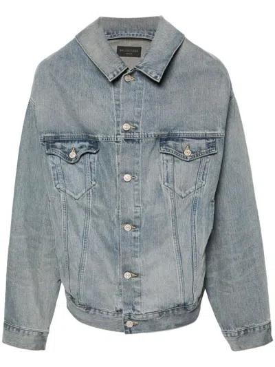Balenciaga Off Shoulder Denim Jacket In Clear Blue