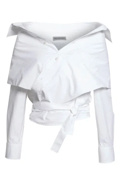 Balenciaga Off The Shoulder Cotton Poplin Wrap Shirt In White
