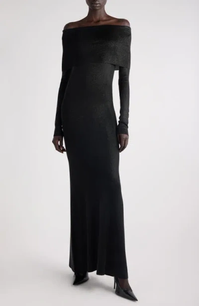 Balenciaga Off The Shoulder Long Sleeve Metallic Knit Maxi Dress In Black