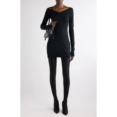 Balenciaga Off The Shoulder Long Sleeve Virgin Wool Blend Sweater Dress In 1000 Black