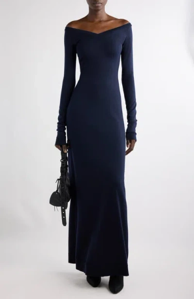 Balenciaga Off The Shoulder Long Sleeve Virgin Wool Blend Sweater Dress In 8065 Navy