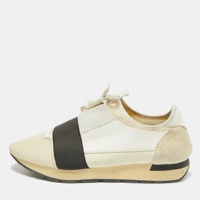 Pre-owned Balenciaga Off White Leather And Mesh Race Runner Sneakers Size 44
