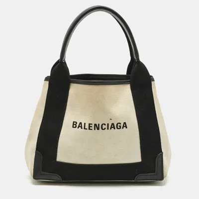 Pre-owned Balenciaga Off White/black Canvas And Leather Navy Xs Cabas Tote