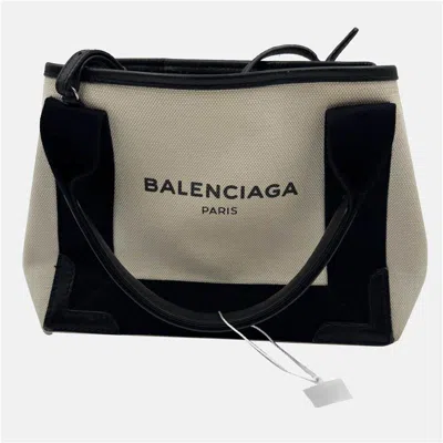 Pre-owned Balenciaga Off White/black Canvas And Leather Navy Xs Cabas Tote In Multi