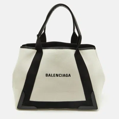 Pre-owned Balenciaga Off White/black Canvas And Leather S Navy Cabas Tote