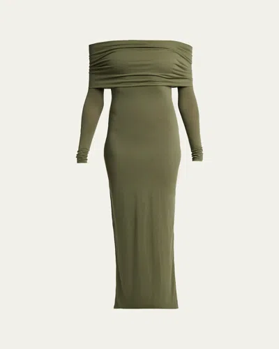 Balenciaga Off-the-shoulder Transparent Jersey Maxi Dress In Brown