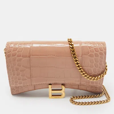 Pre-owned Balenciaga Old Rose Croc Embossed Leather Hourglass Wallet On Chain