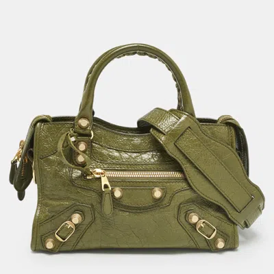 Pre-owned Balenciaga Olive Green Leather Mini Classic City Bag
