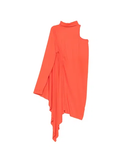 Balenciaga Red Jersey Texture Asymmetric Design Draped Detail High Neck Single Long Sleeve Sleeveles In Orange