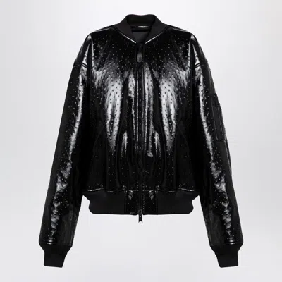 Balenciaga Black Leather Ostrich-effect Bomber Jacket