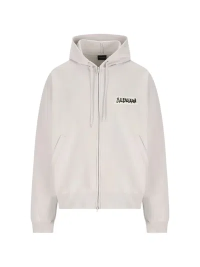 Balenciaga Zip Hoodie Cotton Sweatshirt Destroyed Look In White