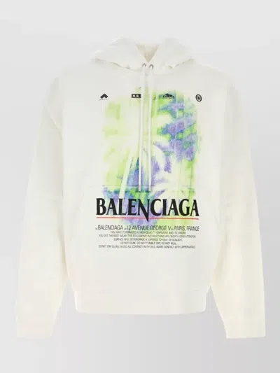Balenciaga Oversize Hooded Cotton Sweatshirt Graphic Front Pocket In Neutral