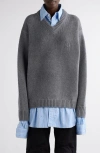Balenciaga Oversize Layered Distressed Wool V-neck Sweater In 1240 Grey