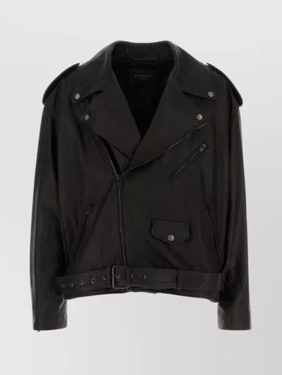 Balenciaga Oversize Leather Jacket With Belt And Epaulettes