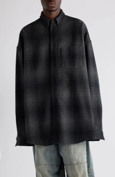 BALENCIAGA BALENCIAGA OVERSIZE PLAID WOOL BLEND FLANNEL BUTTON-DOWN SHIRT