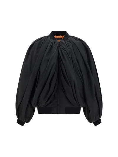 Balenciaga Draped Black Bomber Jacket In Technical Micro-faille