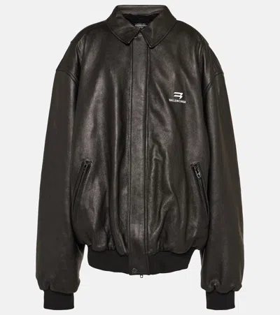 Balenciaga Oversized Leather Bomber Jacket In Black