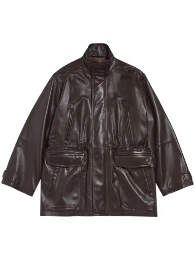 Balenciaga Oversized Leather Coat In Brown