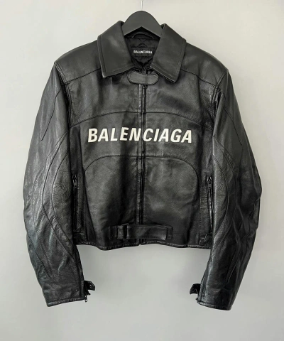 Pre-owned Balenciaga Oversized Logo-appliqué Leather Biker Jacket In Black