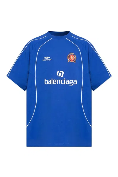 Balenciaga Oversized Embroidered Logo-print Cotton-jersey T-shirt In Blue