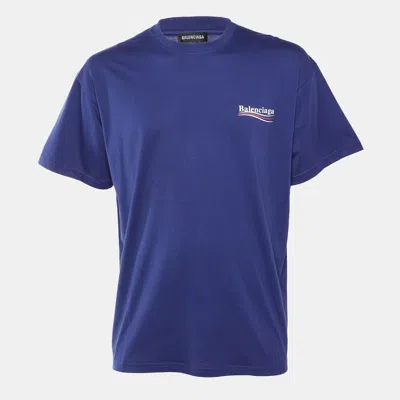 Pre-owned Balenciaga Pacific Blue Political Logo Cotton Crew Neck T-shirt M