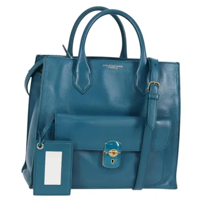Pre-owned Balenciaga Padlock All Afternoon Tote Leather Blue Leather Handbag ()