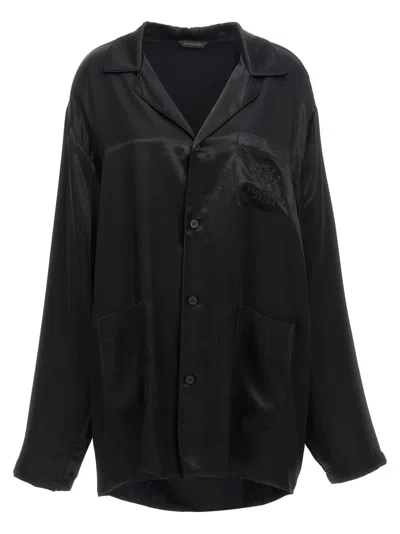 Balenciaga Pajama-style Shirt With Tone-on-tone Logo Embroidery In Black
