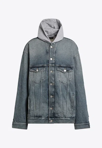 BALENCIAGA PANELED HOODED DENIM JACKET