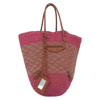 Pre-owned Balenciaga Panier Basket Tote Woven Raffia Pink Wood Tote Bag Bag ()