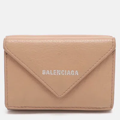 Pre-owned Balenciaga Papier Mini Beige Leather Card Case In Sand