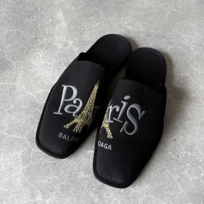 Pre-owned Balenciaga Paris Eiffel Tower Embroidered Mule Shoes Clog Slippers In Black