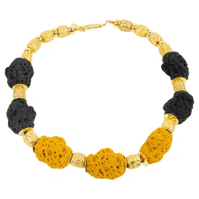 Pre-owned Balenciaga Paris Gilded Necklace With Black And Yellow Lava Resin Beads