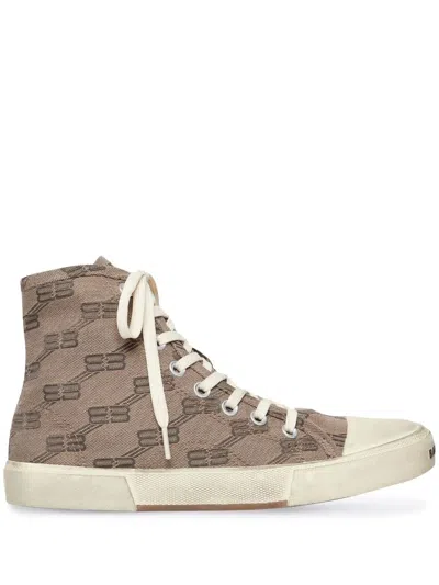 Balenciaga Paris Distressed Logo-embroidered Canvas High-top Sneakers In Mink Grey