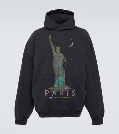 Balenciaga Paris Liberty Distressed Fleece Hoodie In Washed Black