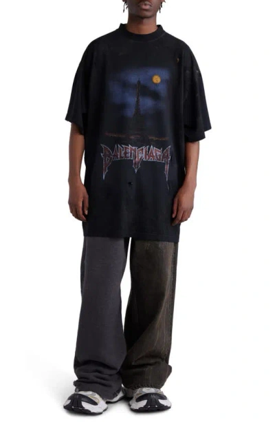 BALENCIAGA BALENCIAGA PARIS MOON OVERSIZE DISTRESSED COTTON GRAPHIC T-SHIRT
