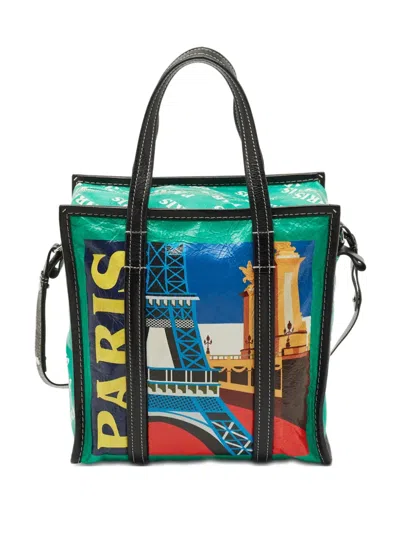 Pre-owned Balenciaga Paris Print Leather Tote Bag In Green